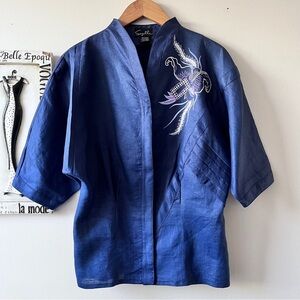 Vintage Suzelle Blue Embroidered 100% Ramie Kimono Women’s Blouse Size 8